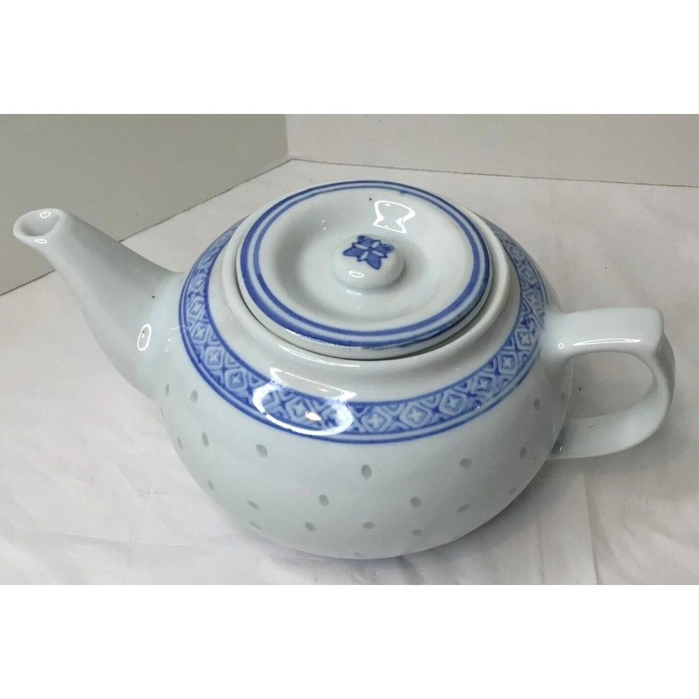 Vintage Mid-Century Porcelain Rice Flower Teapot Blue/White Tienshan Vase - Picture 2 of 9